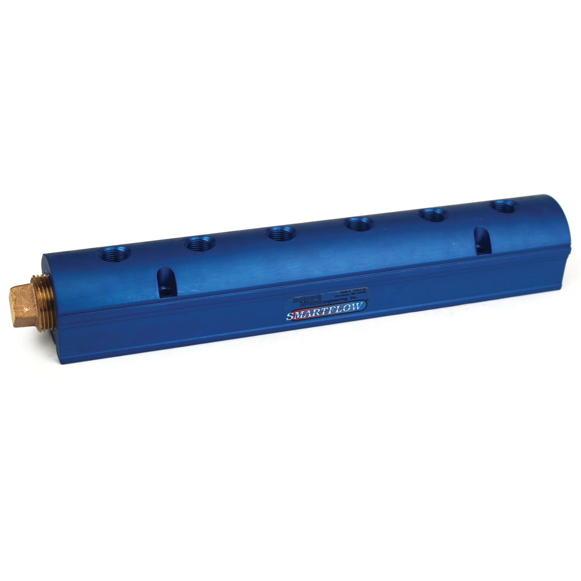 Manifold, Blue Aluminum, (2) 1" Inlets and (6) 1/4" Ports, with (1) Bronze End Plug - Image 1