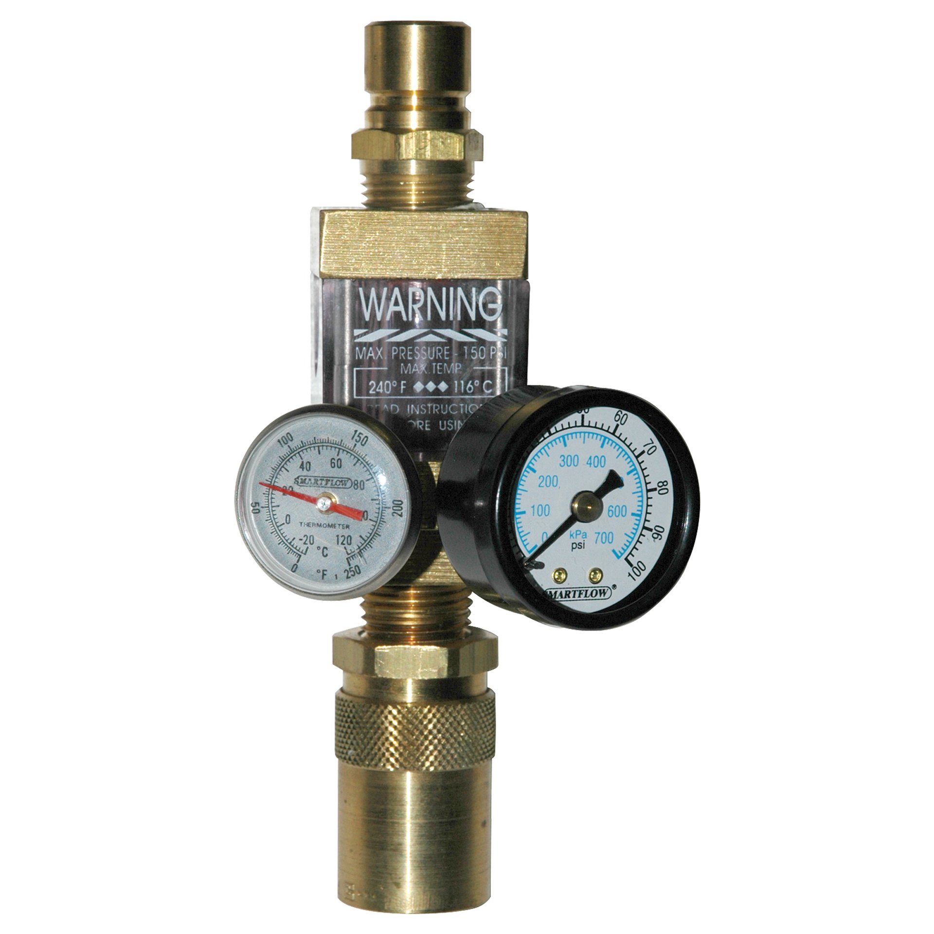 Flowmeter, 1/2" NPT, 8.0 gpm, Brass, Thermometer, Pressure Gauge (100 psi), QD