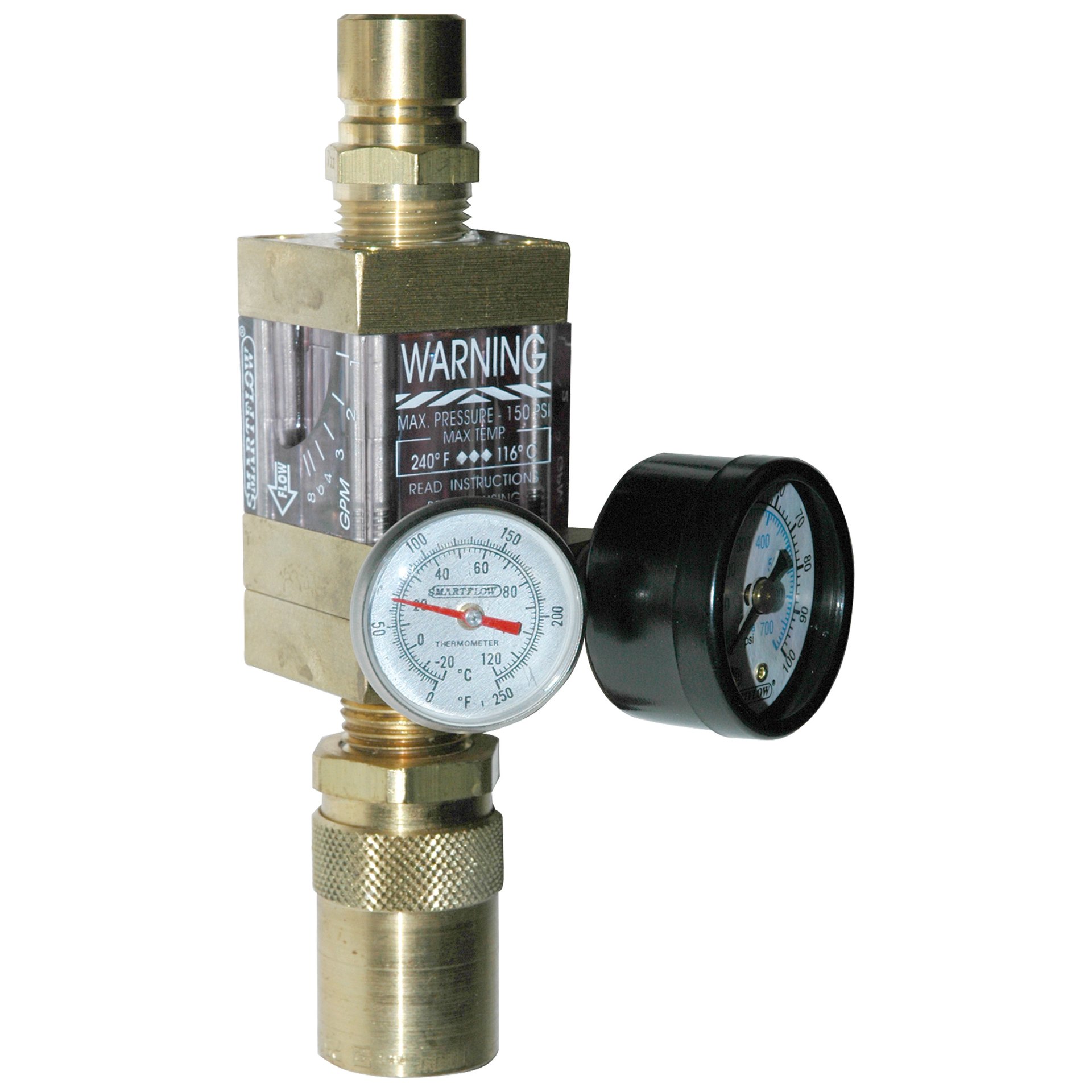 Flowmeter, 1/2" NPT, 8.0 gpm, Brass, Thermometer, Pressure Gauge (100 psi), QD