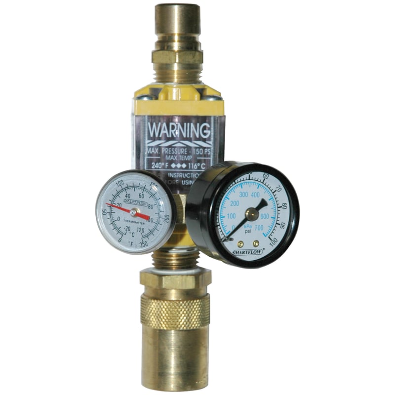 Flowmeter, 1/2″ NPT, 8.0 gpm, Nylon, Thermometer, Pressure Gauge (100 psi), QD’s