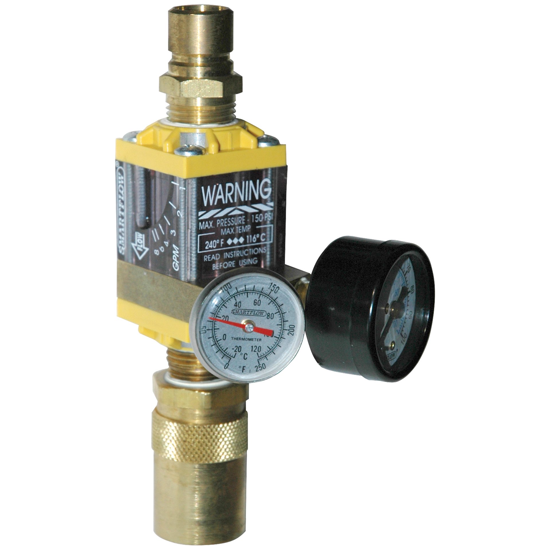 Flowmeter, 1/2" NPT, 8.0 gpm, Nylon, Thermometer, Pressure Gauge (100 psi), QD