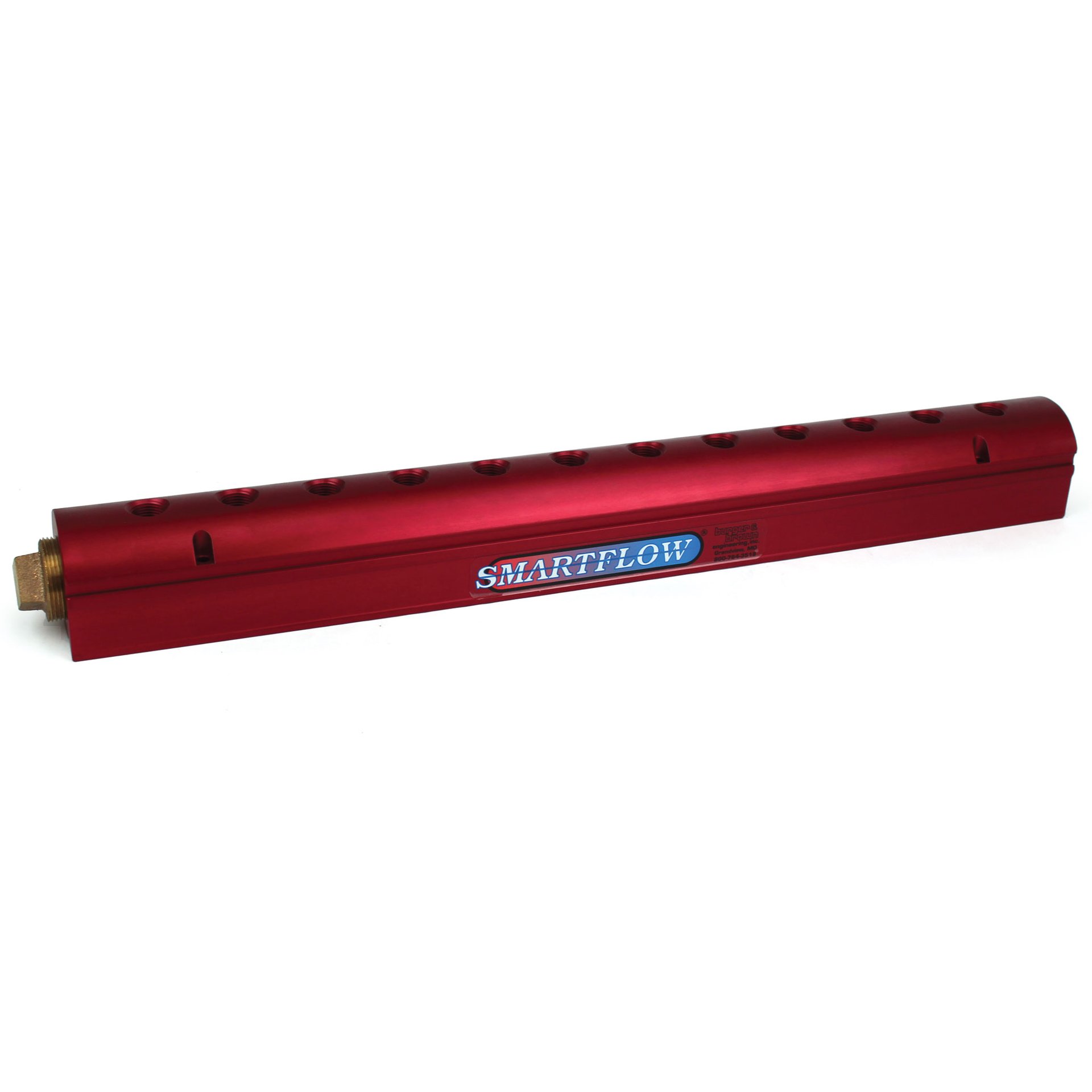 Manifold, Red Aluminum, (2) 1" Inlets and (12) 1/4" Ports, with (1) Bronze End Plug - Image 1