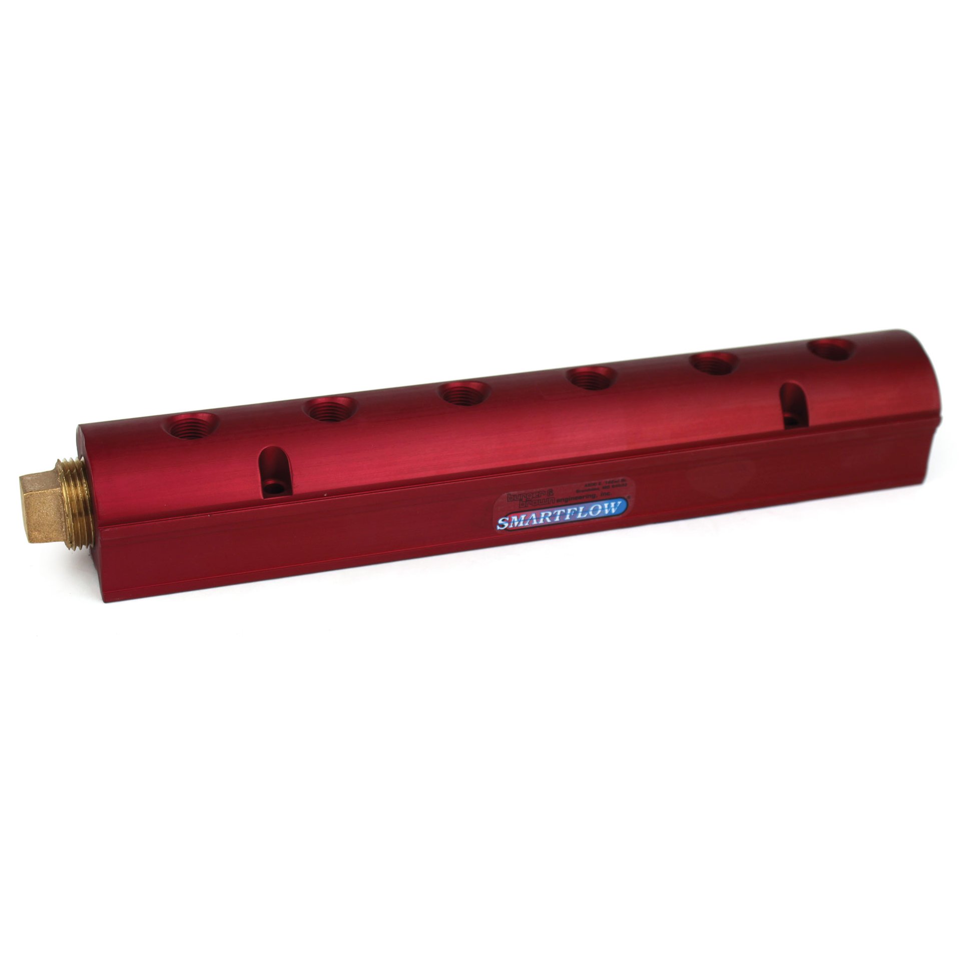 Manifold, Red Aluminum, (2) 1" Inlets and (6) 3/8" Ports, with (1) Bronze End Plug - Image 1