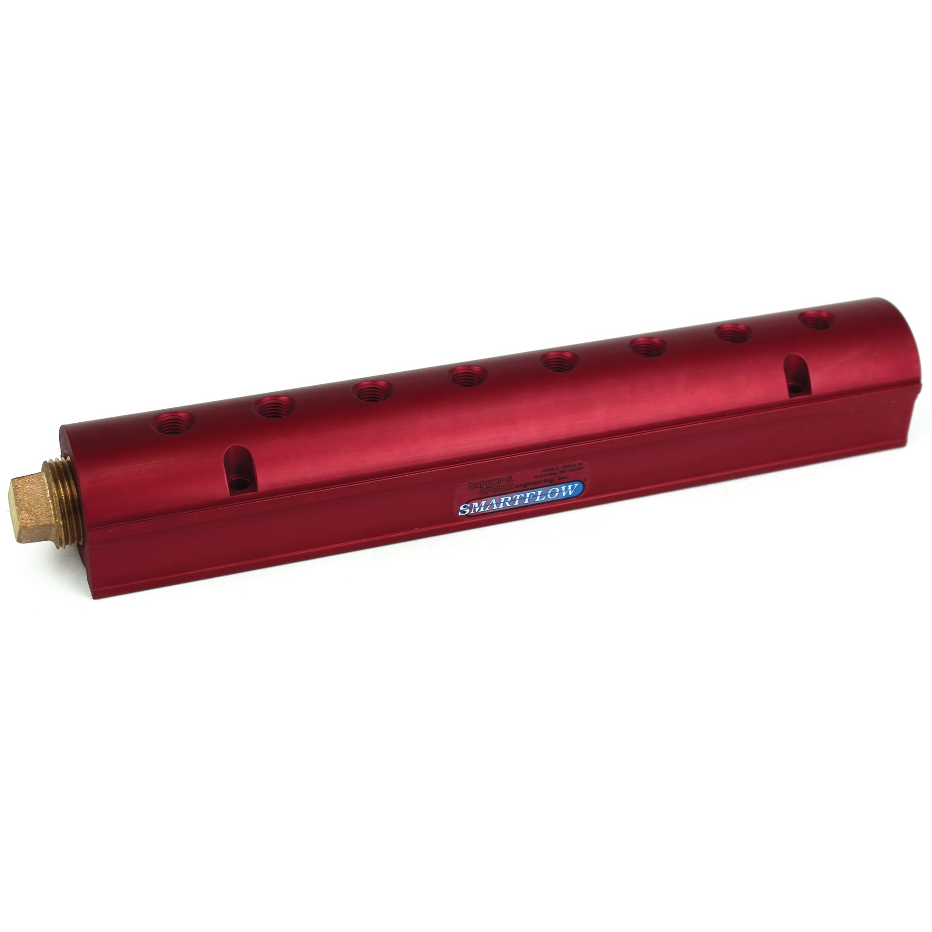 Manifold, Red Aluminum, (2) 1" Inlets and (8) 3/8" Ports, with (1) Bronze End Plug - Image 1