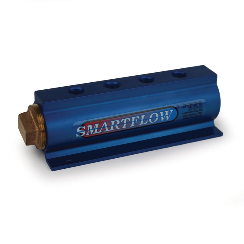 Manifold, Blue Aluminum, (2) 2″ Inlets and (4) 1/2″ Ports, with (1) Bronze End Plug