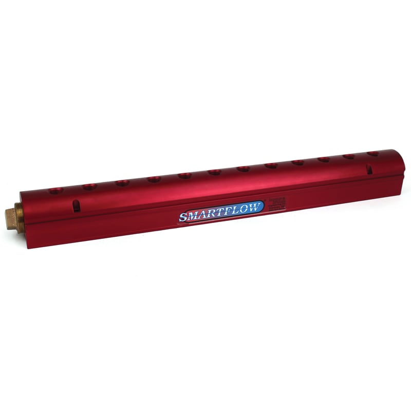 Manifold, Red Aluminum, (2) 3/4″ Inlets and (12) 1/4″ Ports, with (1) Bronze End Plug