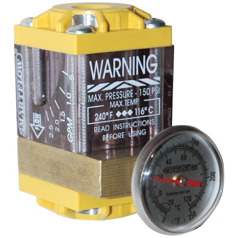 Flowmeter, 1/4" NPT Inlet and Outlet, 2.5 gpm, Nylon End Caps, with Thermometer