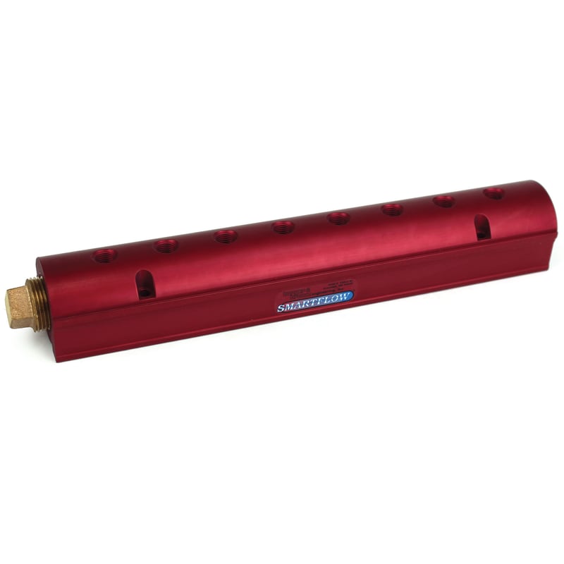 Manifold, Red Aluminum, (2) 1-1/2″ Inlets and (8) 1/2″ Ports, with (1) Bronze End Plug