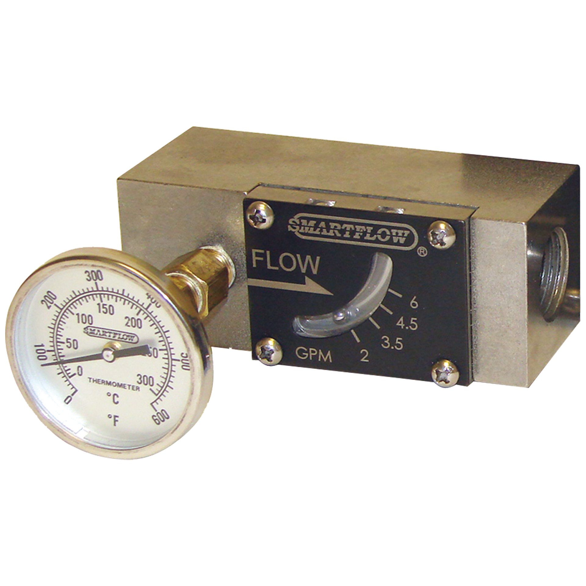Flowmeter, High Temp Oil or Water, 1/2" NPT, 6 gpm, Stainless Steel Body, with Temperature Gauge - Image 1