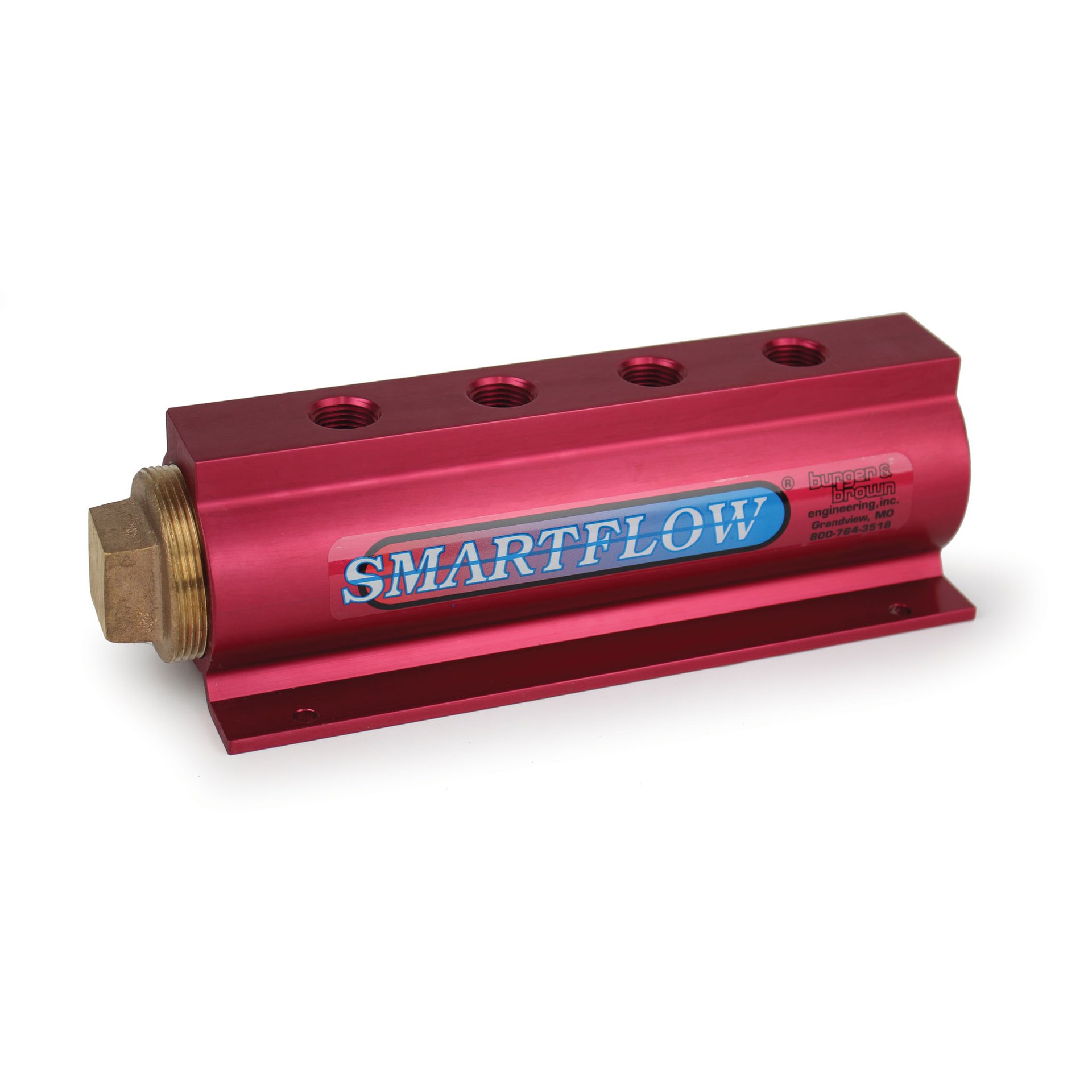 Manifold, Red Aluminum, (2) 2" Inlets and (4) 1/2" Ports, with (1) Bronze End Plug - Image 1