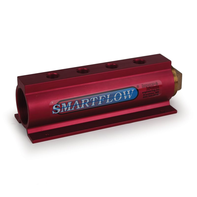 Manifold, Red Aluminum, (2) 2" Inlets and (4) 1/2" Ports, with (1) Bronze End Plug