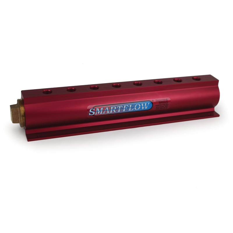 Manifold, Red Aluminum, (2) 2″ Inlets and (8) 1/2″ Ports, with (1) Bronze End Plug