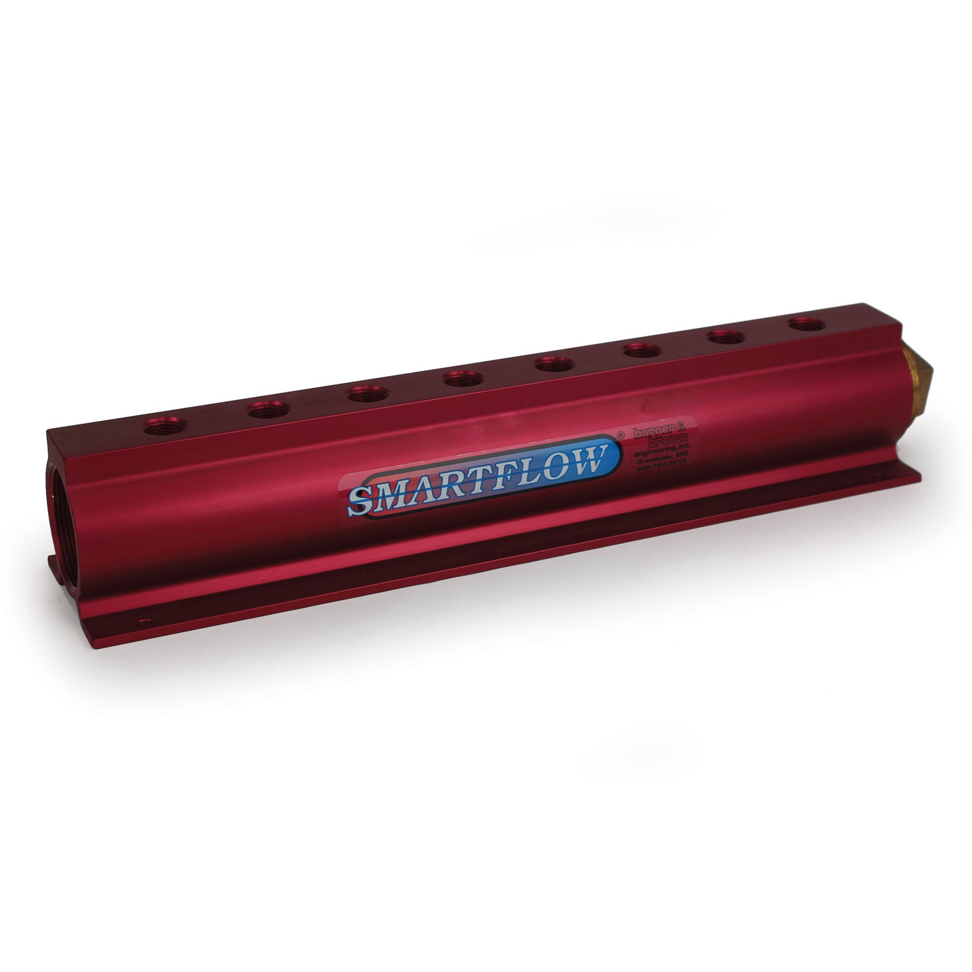 Manifold, Red Aluminum, (2) 2" Inlets and (8) 1/2" Ports, with (1) Bronze End Plug - Image 2