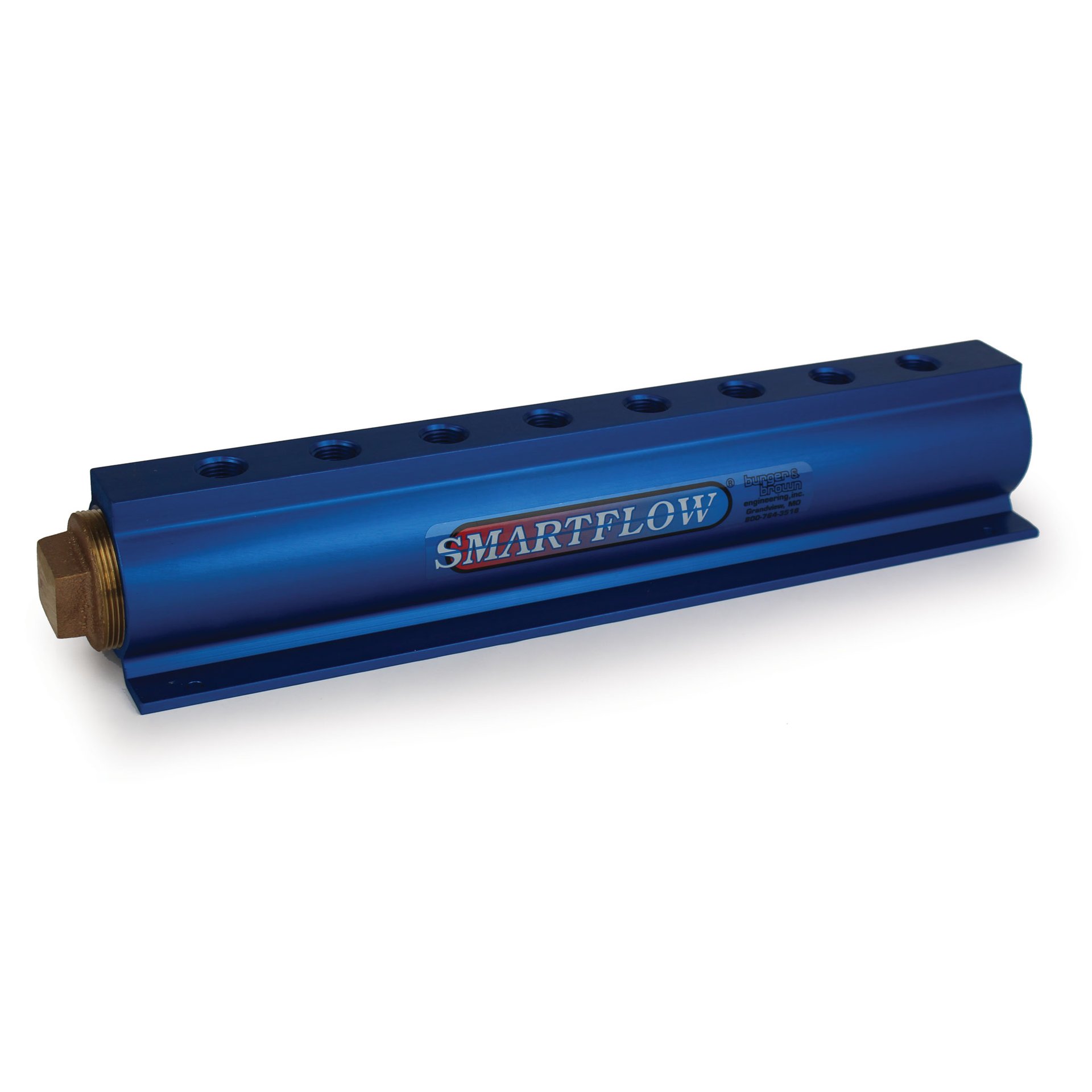 Manifold, Blue Aluminum, (2) 2" Inlets and (8) 1/2" Ports, with (1) Bronze End Plug - Image 1