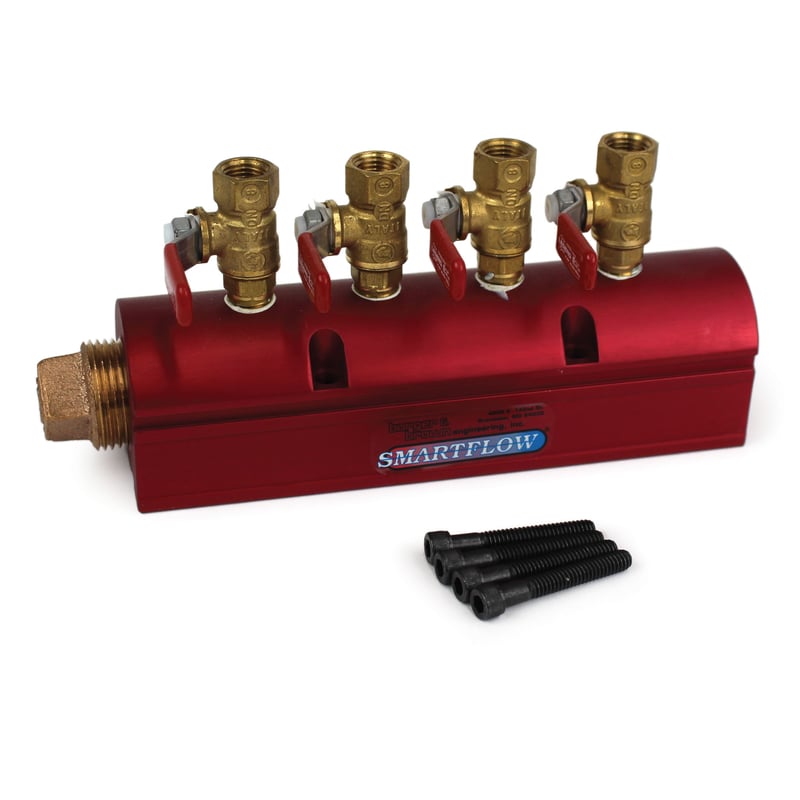 Manifold, Red Aluminum, 1″ Inlets, (4) 1/4″ Ports, with Ball Valves Installed