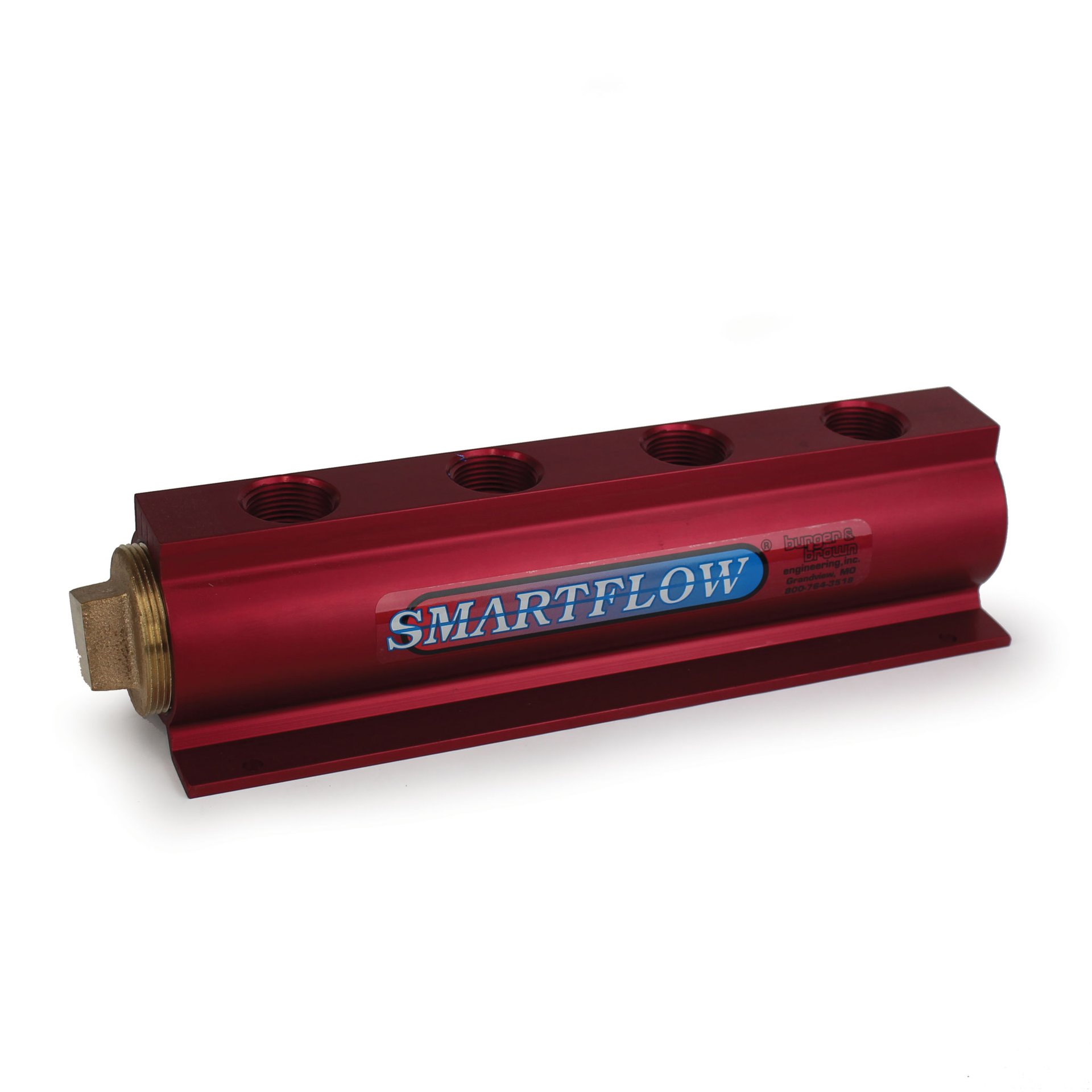 Manifold, Red Aluminum, (2) 2" Inlets and (4) 1" Ports, with (1) Bronze End Plug - Image 1