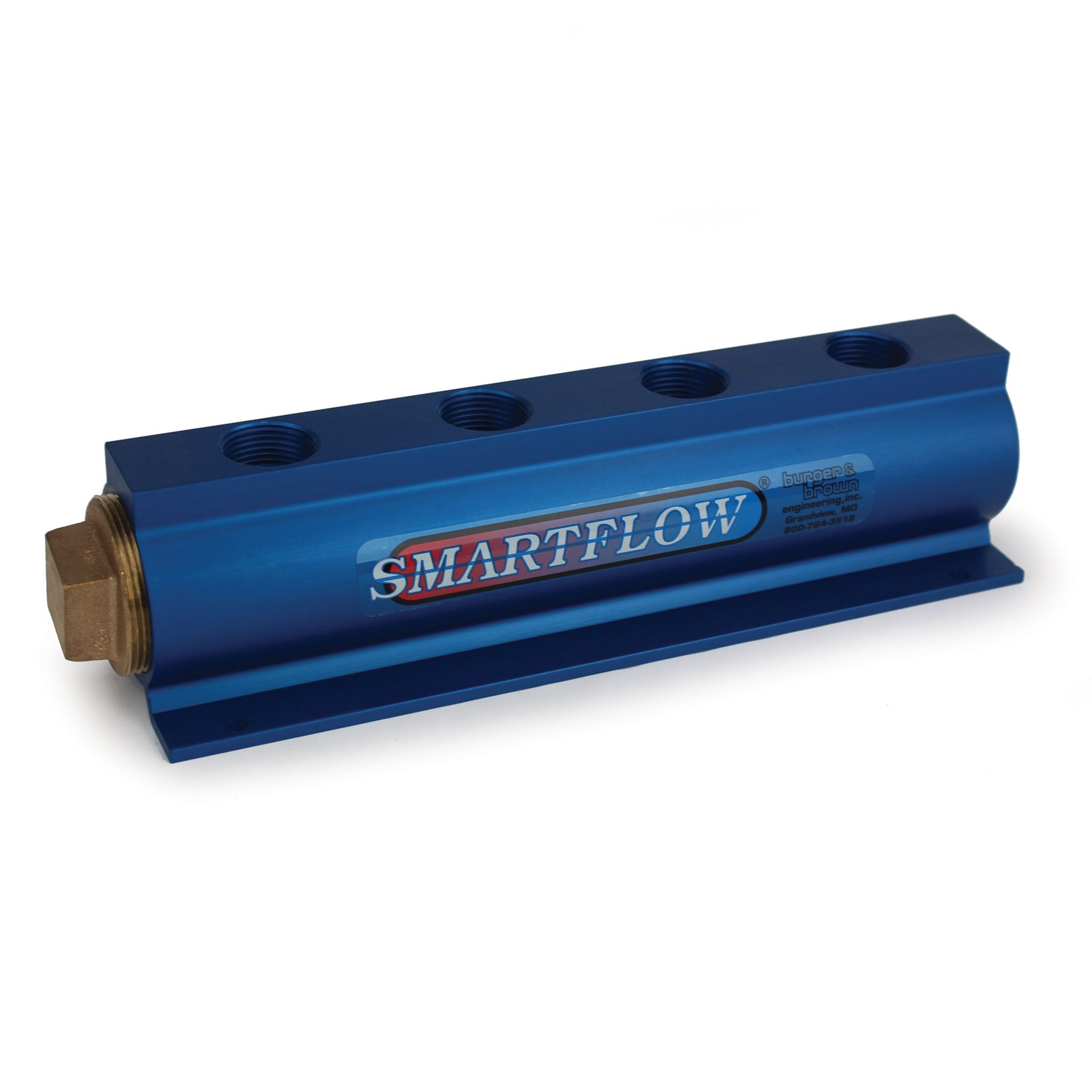 Manifold, Blue Aluminum, (2) 2" Inlets and (4) 1" Ports, with (1) Bronze End Plug - Image 1