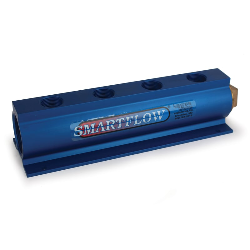 Manifold, Blue Aluminum, (2) 2" Inlets and (4) 1" Ports, with (1) Bronze End Plug