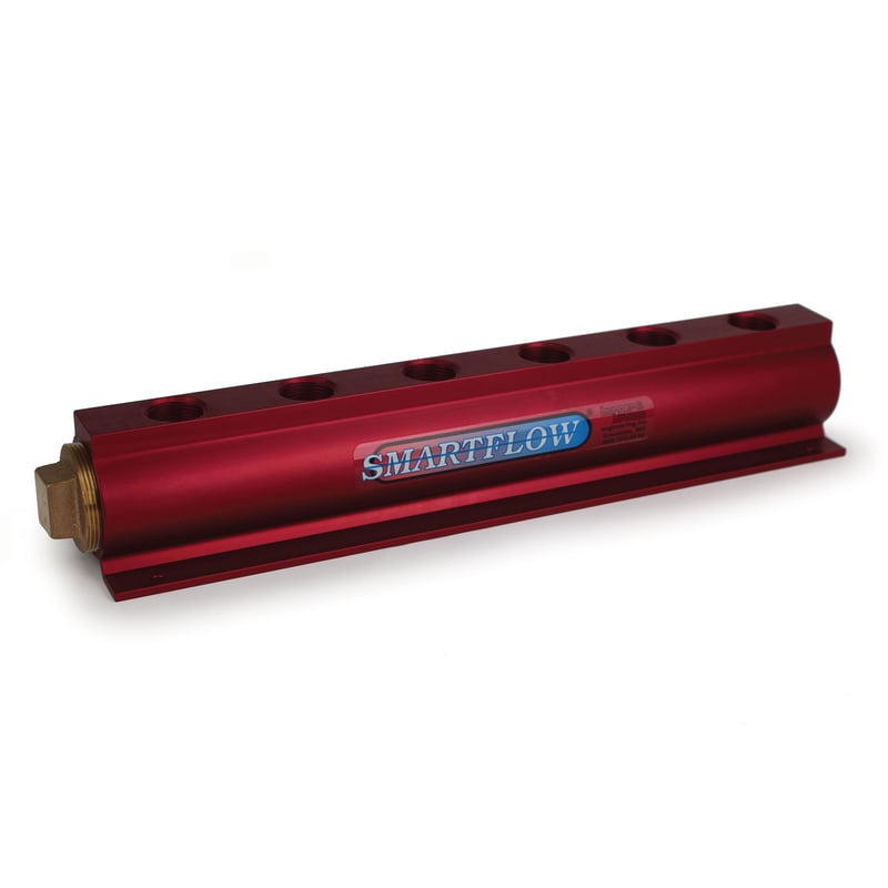 Manifold, Red Aluminum, (2) 2″ Inlets and (6) 1″ Ports, with (1) Bronze End Plug