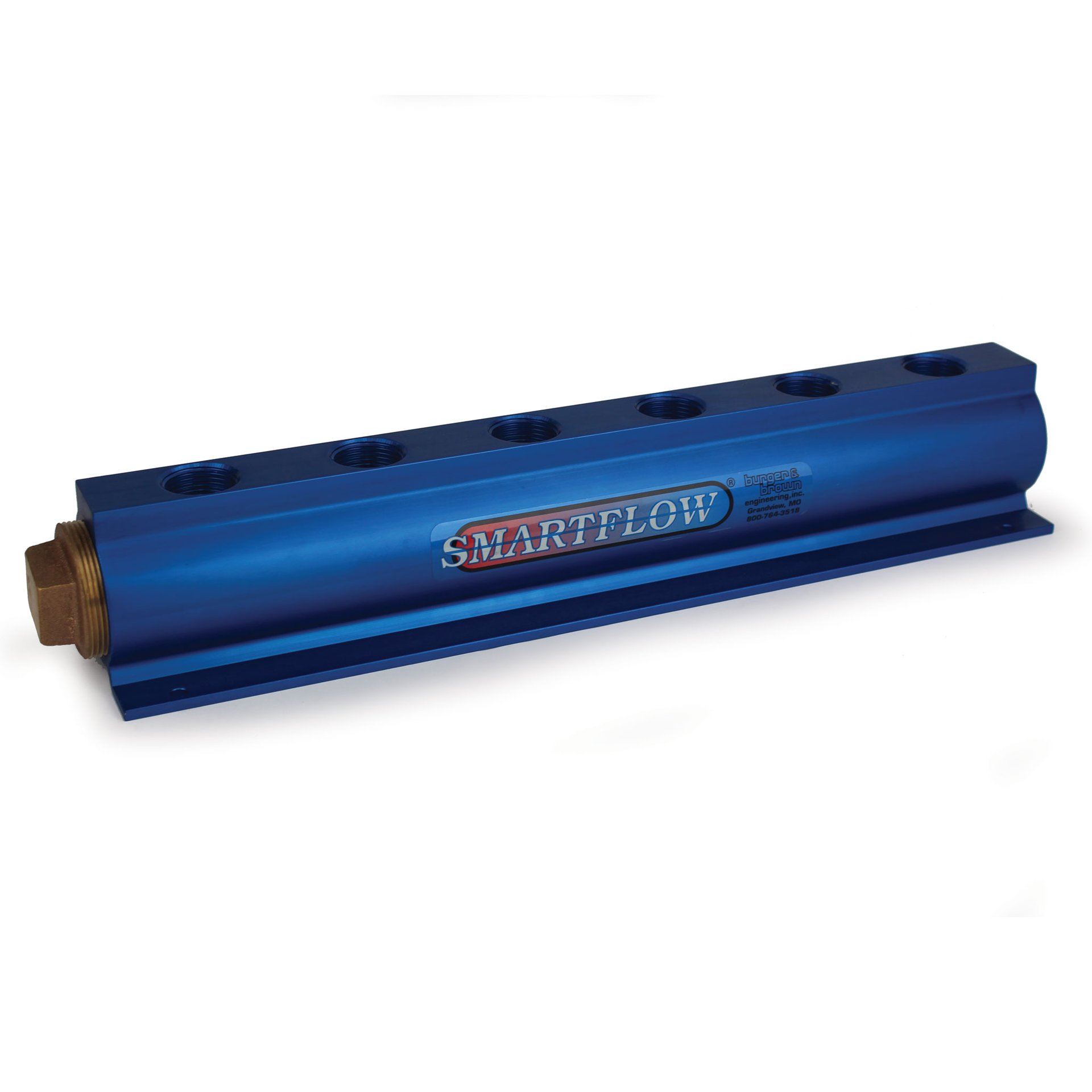 Manifold, Blue Aluminum, (2) 2" Inlets and (6) 1" Ports, with (1) Bronze End Plug - Image 1