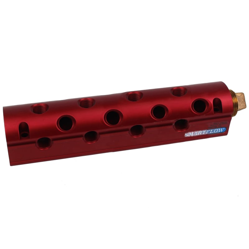 Manifold, Red Aluminum (20) 3/8″ Ports and (2) 1″ Inlets with (1) Brass End Plug