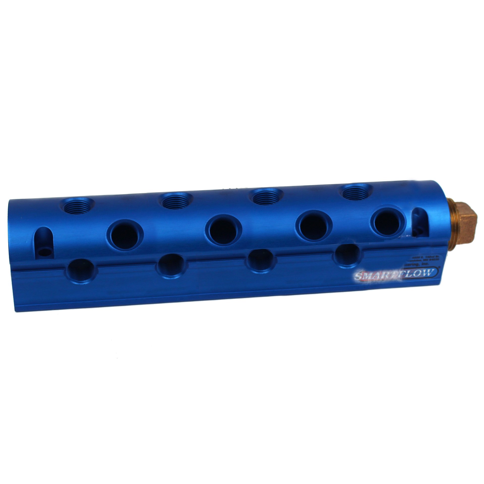 Manifold, Blue Aluminum (20) 3/8" Ports and (2) 1" Inlets with (1) Brass End Plug - Image 1