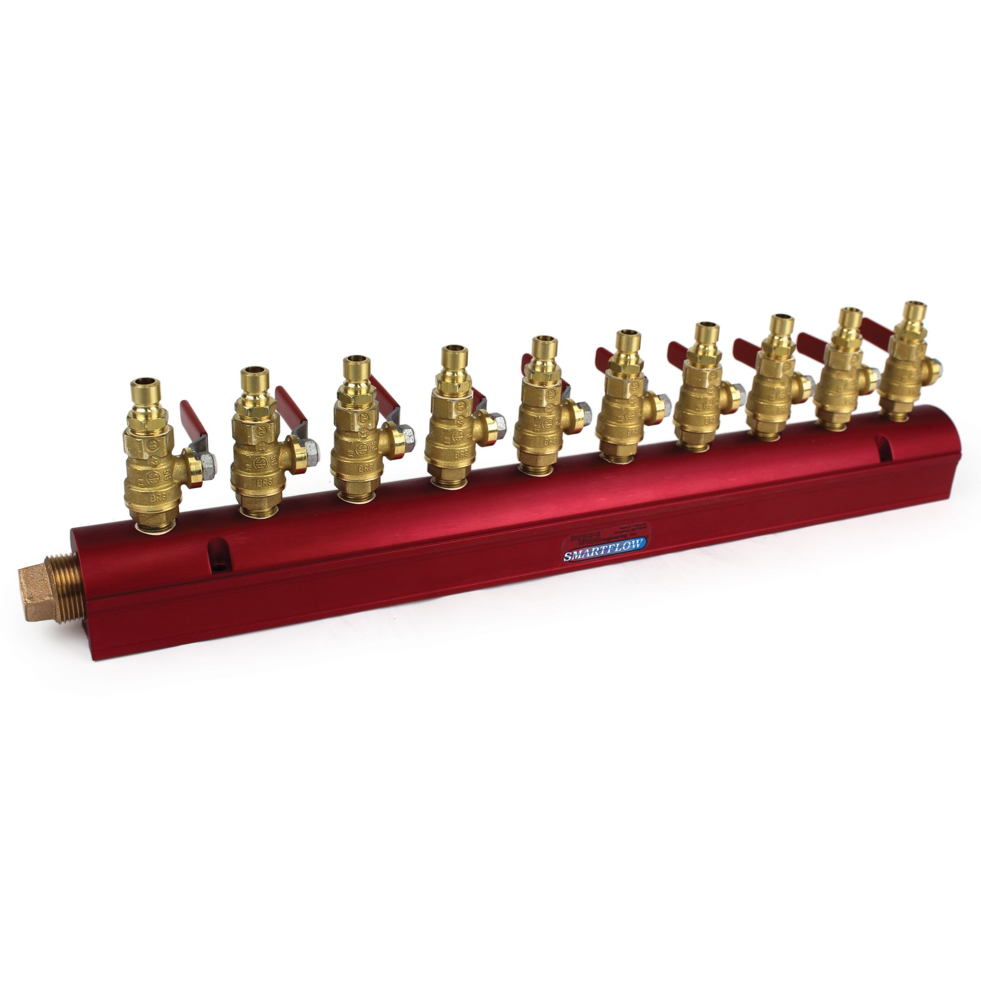 Manifold, Red Aluminum, 1" Inlets, (10) 3/8" Ports, with Ball Valves and QD Plugs Installed - Image 1