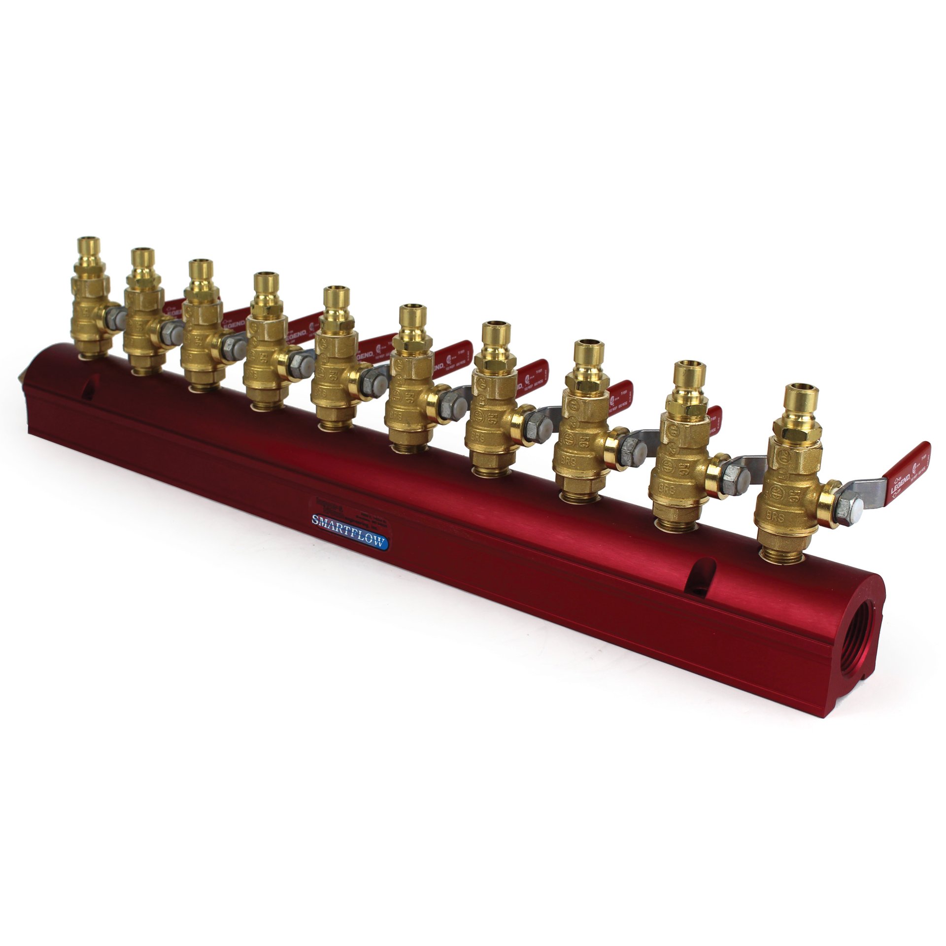 Manifold, Red Aluminum, 1" Inlets, (10) 3/8" Ports, with Ball Valves and QD Plugs Installed - Image 2