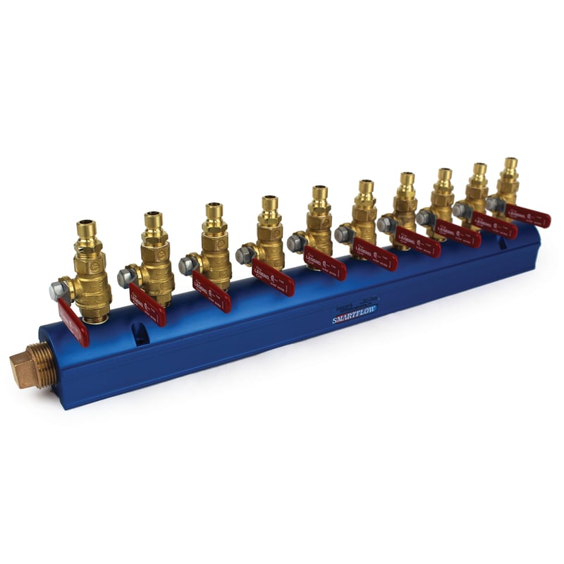 Manifold, Blue Aluminum, 1″ Inlets, (10) 3/8″ Ports, with Ball Valves and QD Plugs Installed