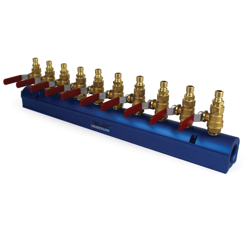 Manifold, Blue Aluminum, 1" Inlets, (10) 3/8" Ports, with Ball Valves and QD Plugs Installed