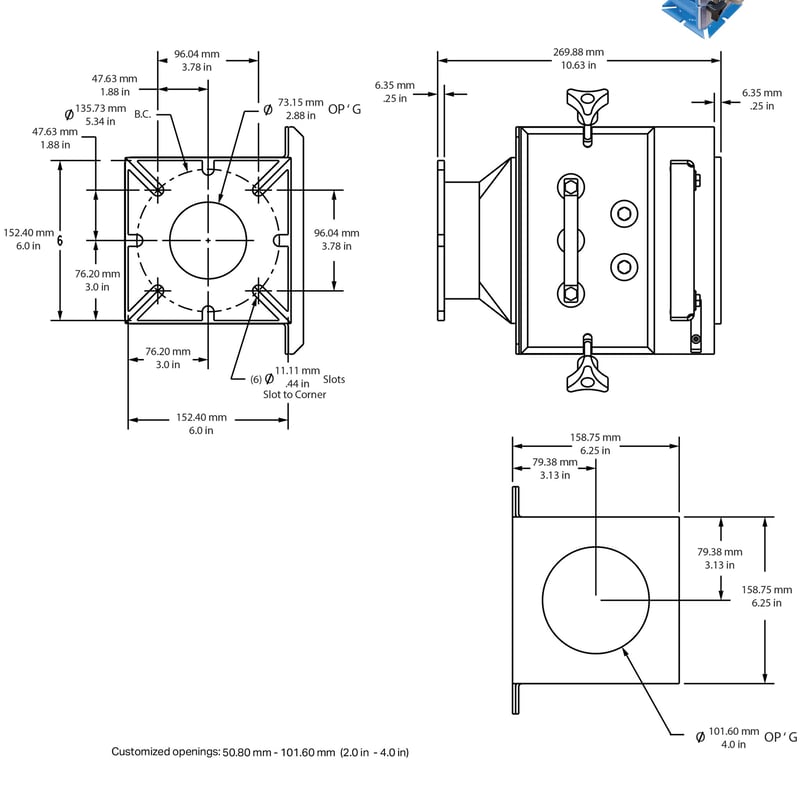 Drawer Magnet, 6" x 6", with Undrilled Blank Steel Top Flange and Universal Slotted Bottom Flange