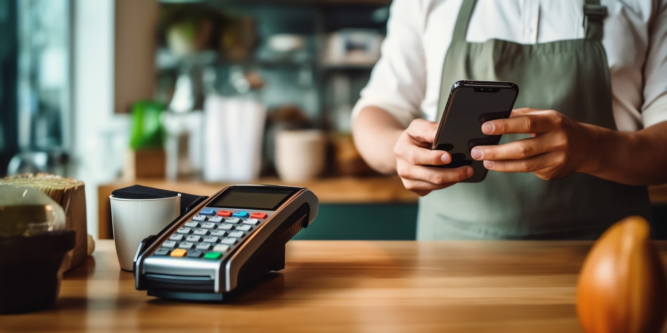 Close-up of hands navigating a restaurant management system's touchscreen interface