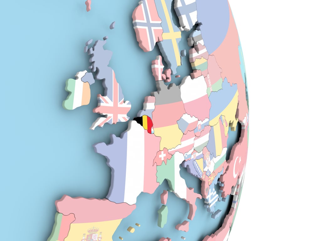 3D render of Europe map with various country flags, focusing on Belgium flag to represent GDPR jurisdiction