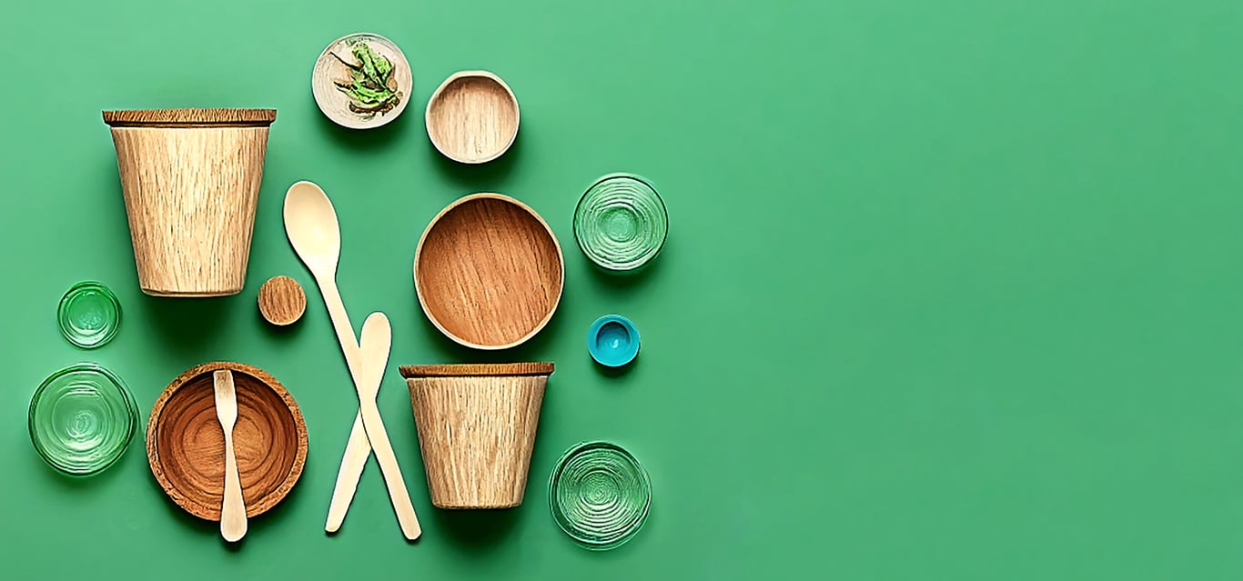 Reusable bamboo food containers and spoons in hotel settings.