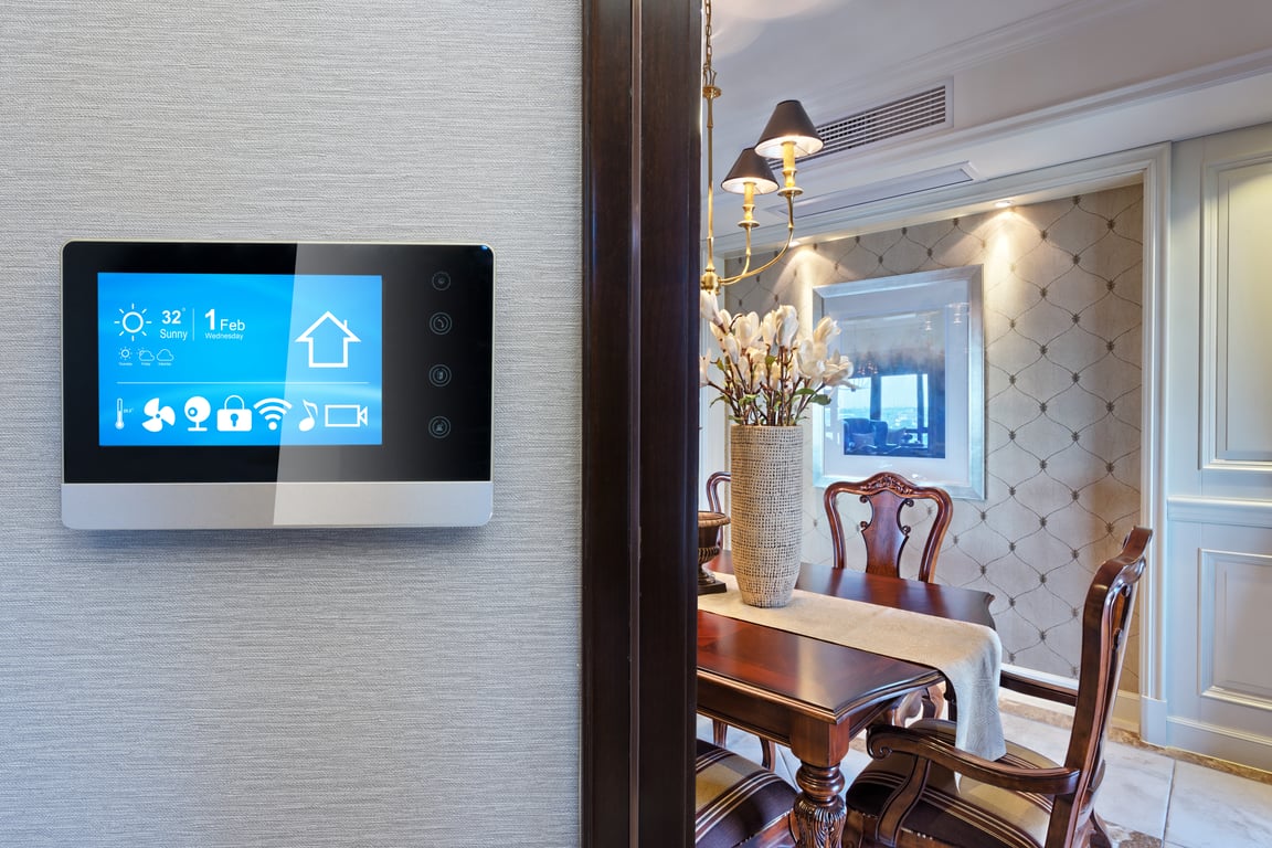 Smart hotel room with eco-friendly automation technology.