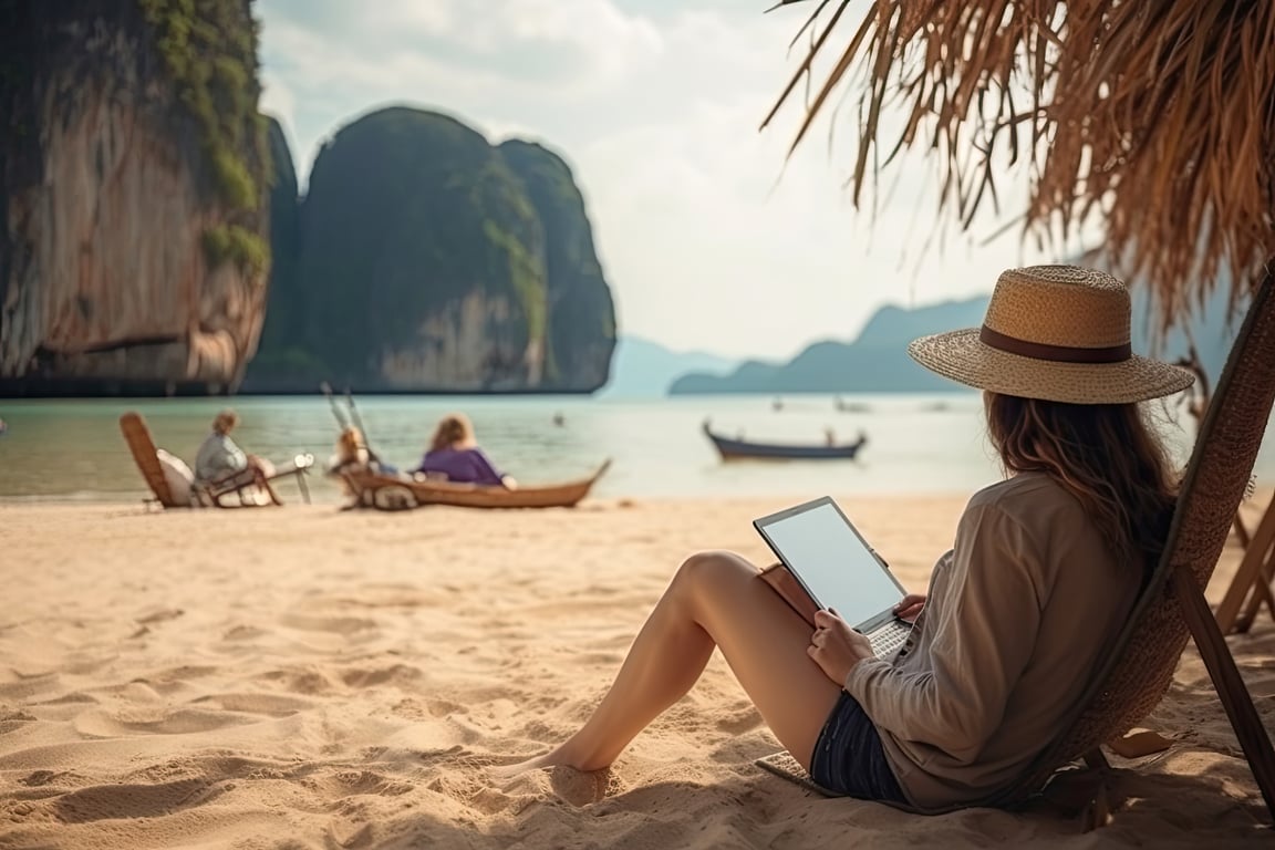 A tablet displaying a user-friendly booking interface, used by someone on a beach.