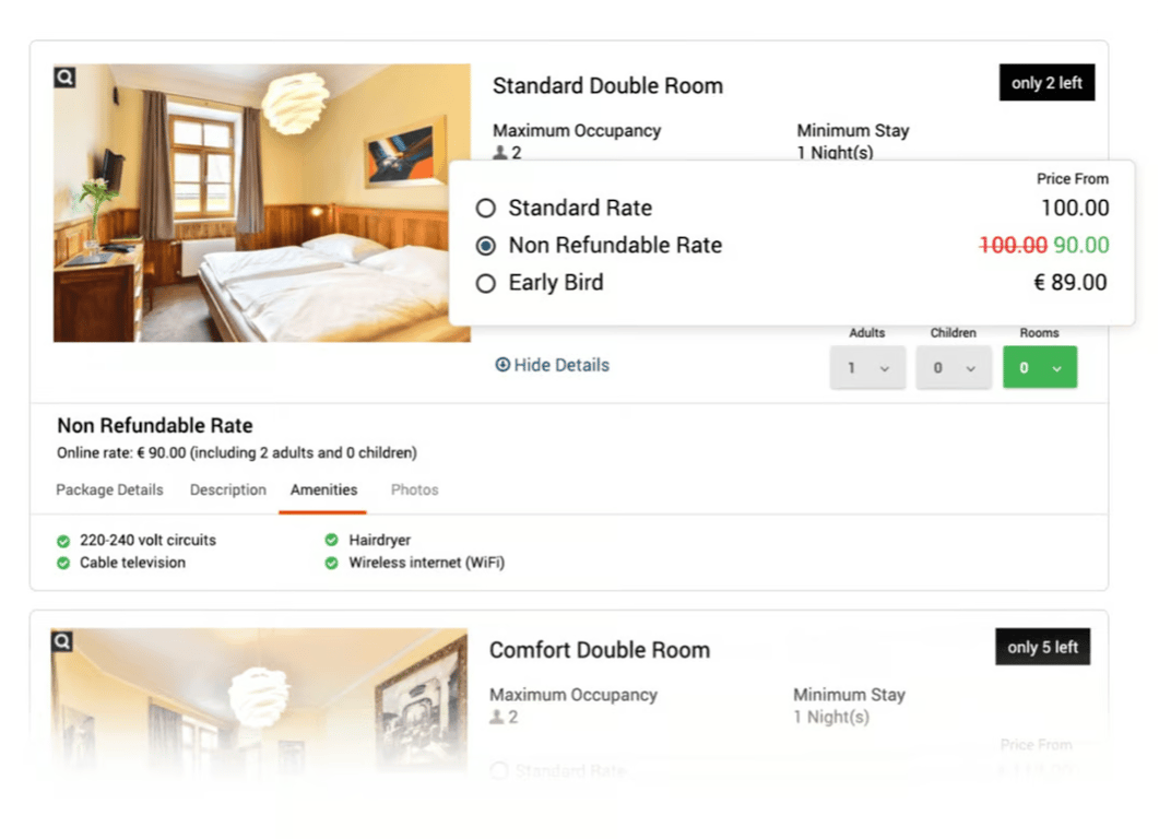 Hotel room booking interface featuring two room categories with photographs, pricing details, occupancy limits and booking buttons