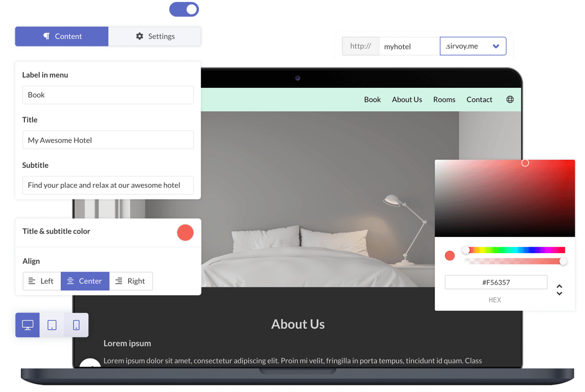 Sirvoy website editor interface showing content management panel and HEX color selector #F36357