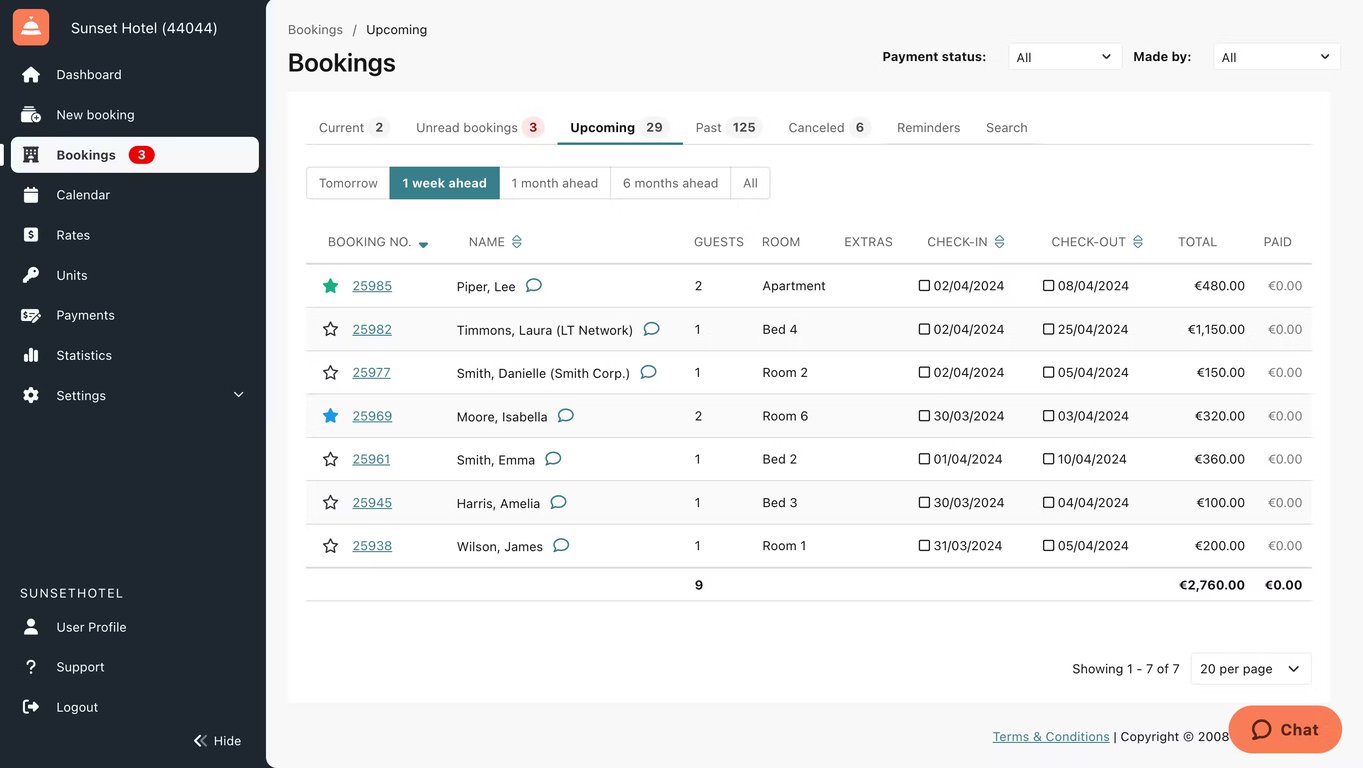Screenshot of Sirvoy Property Management System showing the bookings dashboard with upcoming reservations, check-in/out dates, and payment status for a small hotel