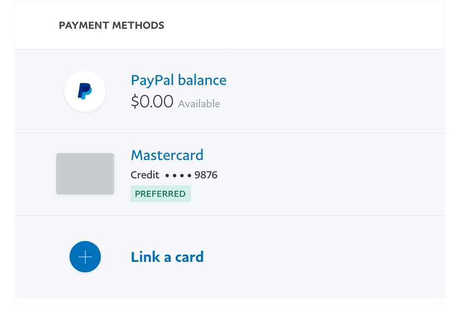 Payment methods interface showing PayPal balance, Mastercard credit card ending in 9876 marked as preferred, and link a card option