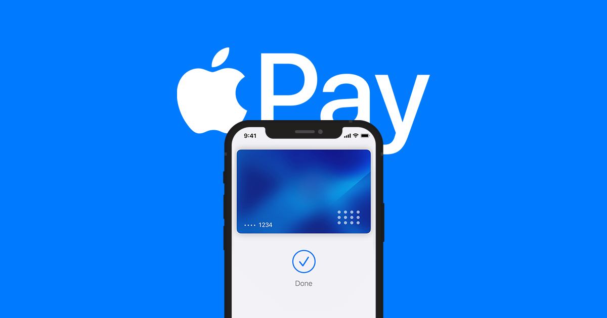 iPhone displaying Apple Pay interface with credit card and checkmark confirmation on blue background