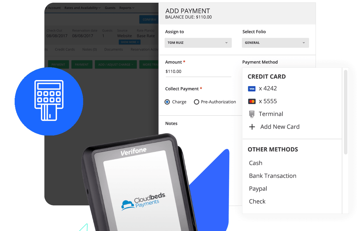 Cloudbeds payment interface showing add payment screen with credit card options alongside Verifone payment terminal displaying Cloudbeds Payments branding
