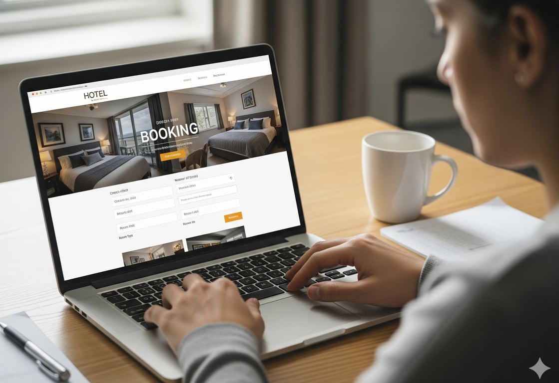 A person making a hotel direct booking on a laptop, showing the hotel