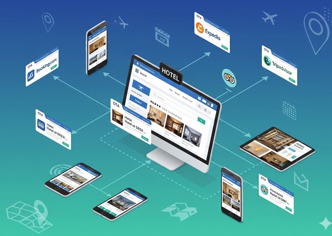 Digital illustration of interconnected hotel booking platforms, including websites, OTAs, and mobile apps.