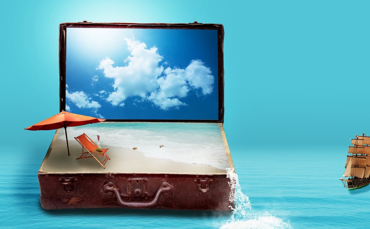 Open suitcase showing a tropical beach, symbolizing travel and a seamless hotel CRS experience.