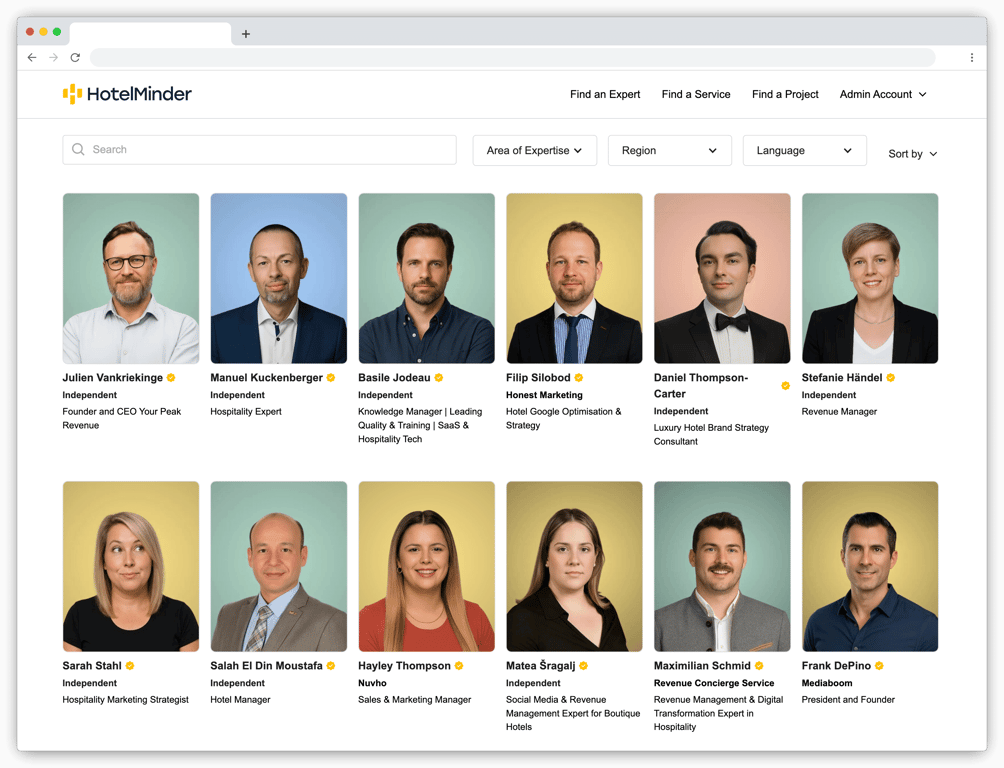 Screenshot of the HotelMinder Lobby platform showing a grid of professional headshots of vetted hospitality consultants available for on-demand projects.