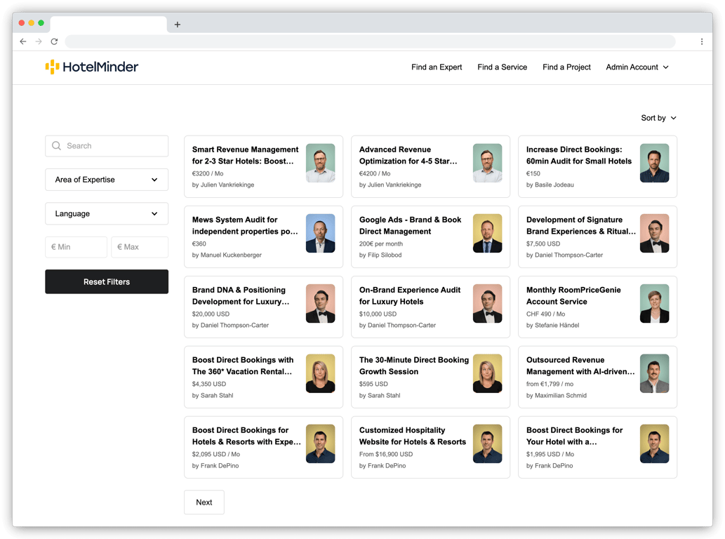 Screenshot of the HotelMinder Lobby services marketplace where hoteliers can browse project-based hotel consulting services for marketing, revenue management, and operations.