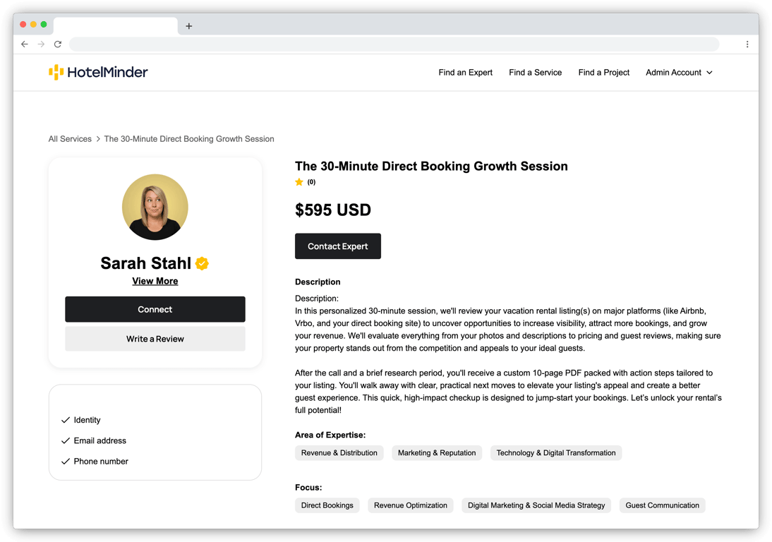 Screenshot of a hotel consulting service page on HotelMinder