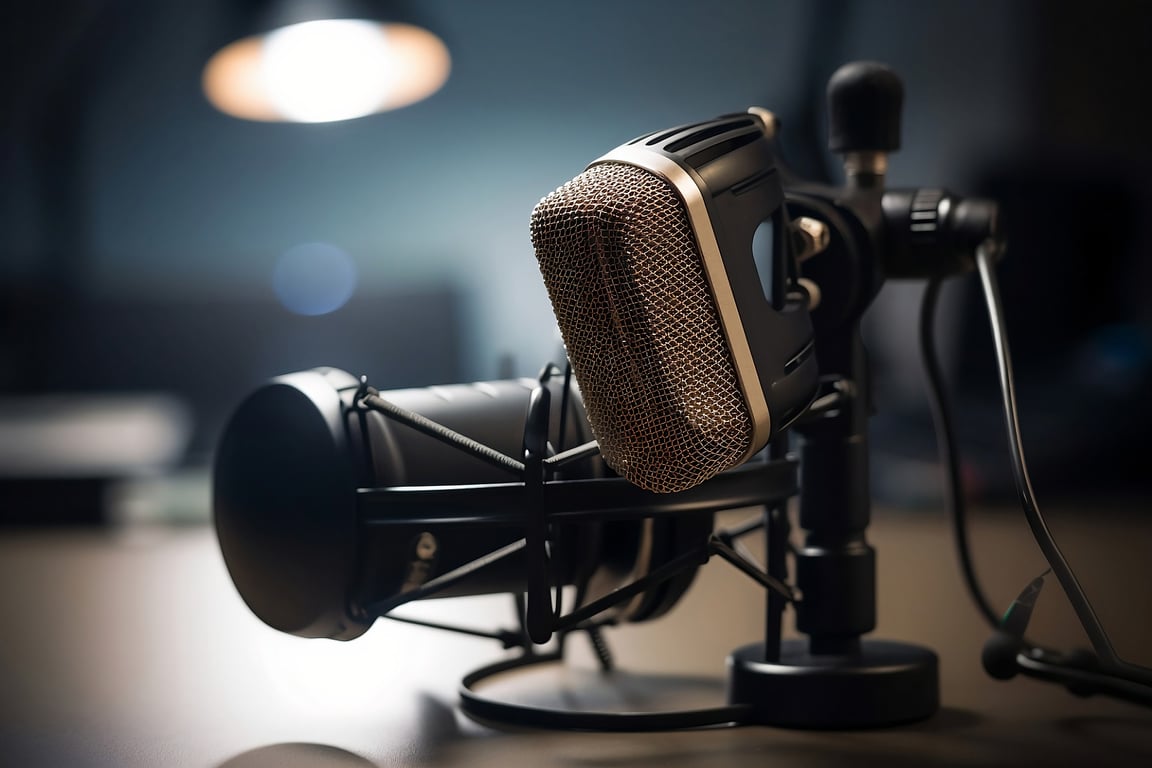 A professional podcast mic kept on a table in a recording studio.