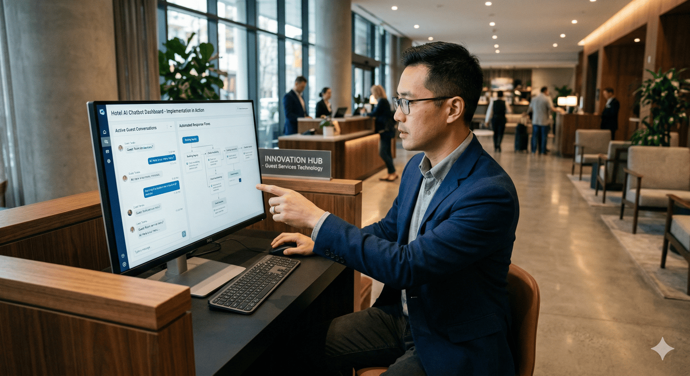Hotel manager reviewing an AI chatbot for hotel website on a computer screen in a modern hotel lobby.